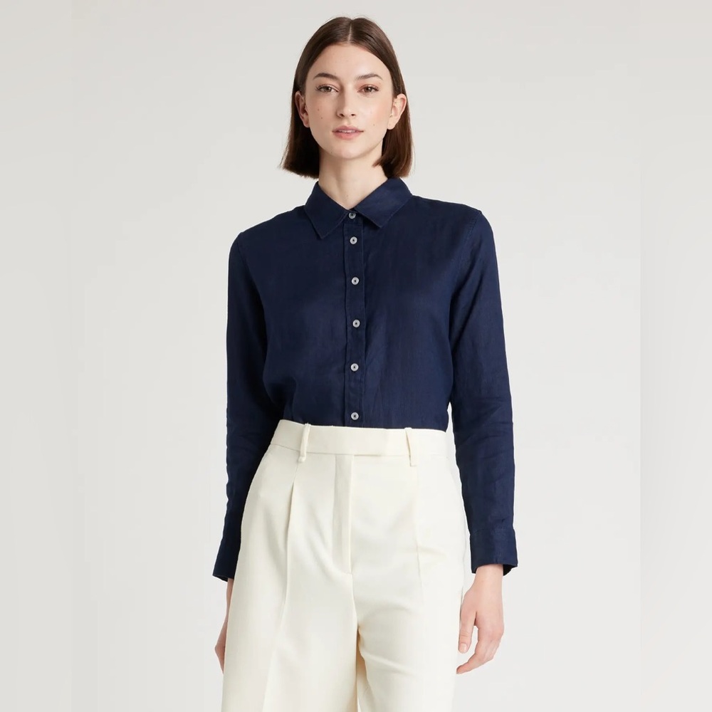 Quince 100% European Linen Long Sleeve Shirt in Navy Size Small